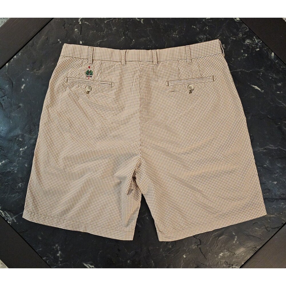 Peter Millar Gingham Shorts Mens 36 Tan White Aronimink Golf Club Embroidered